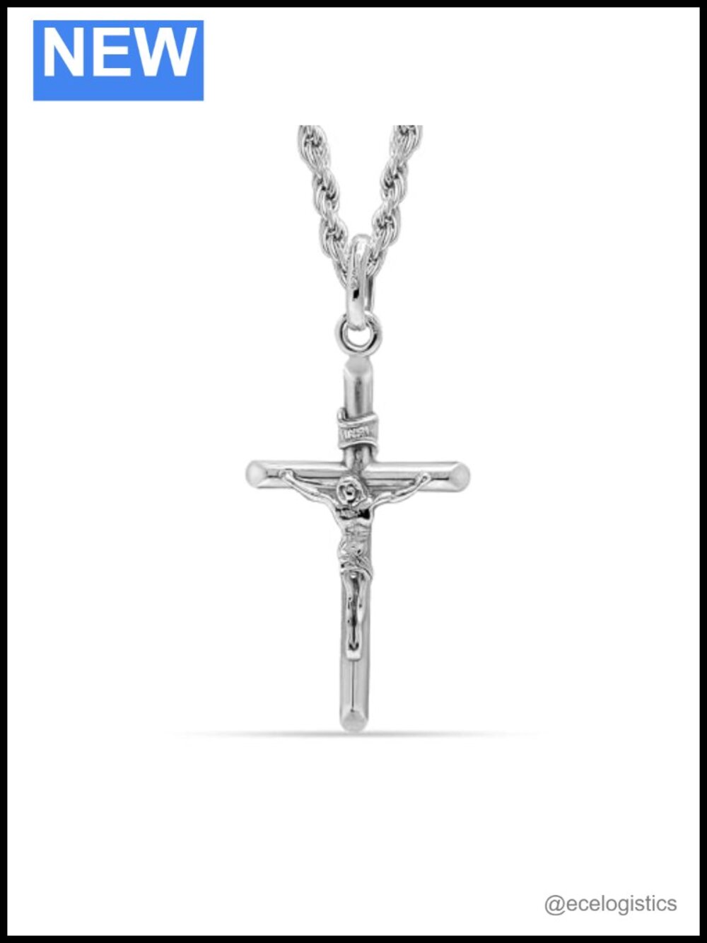 925 Sterling Silver Crucifix Cross Pendant Necklace Rhodium Plated Rope Chain